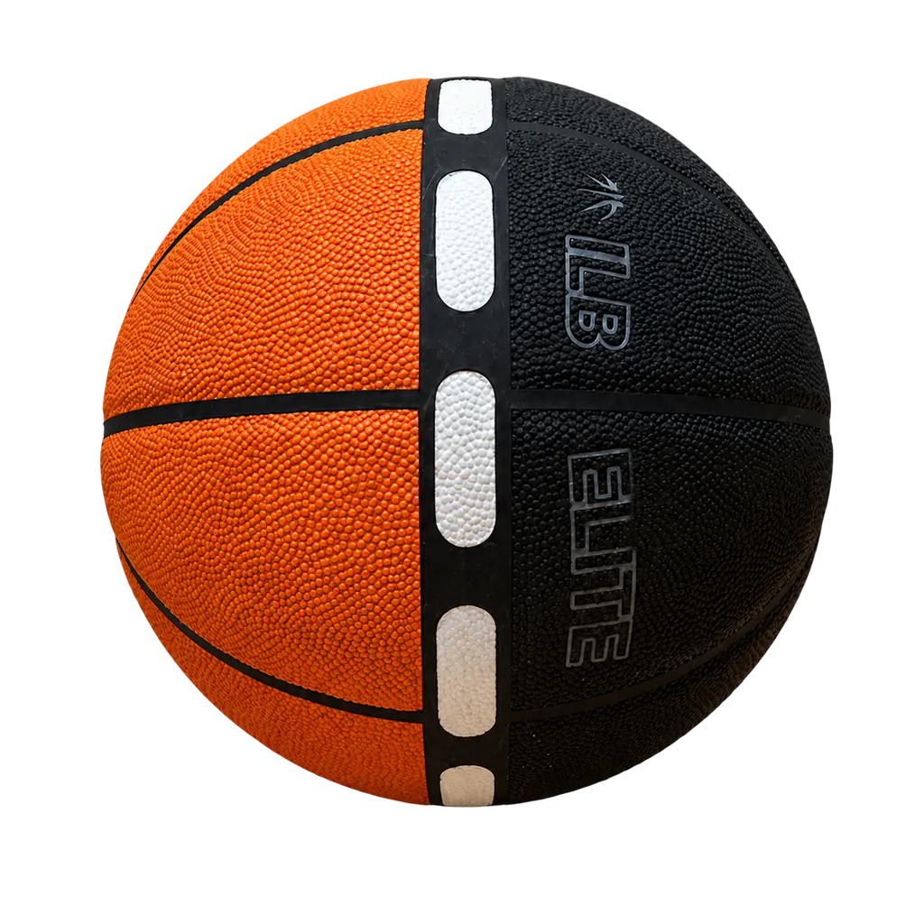 Close view of the orange and black ILB basketball with white rotation markers