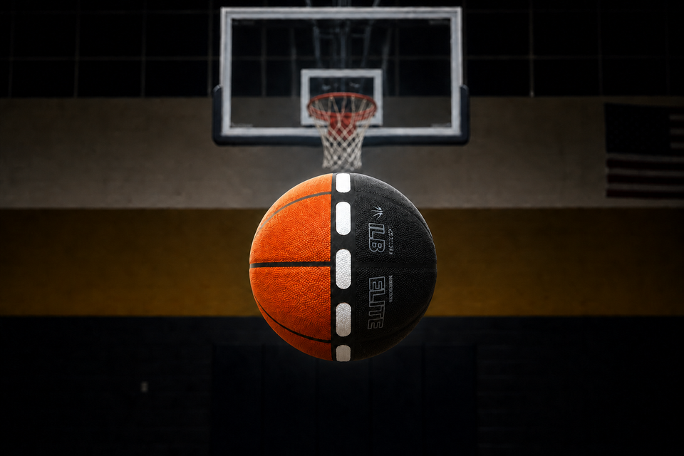 Airborne ILB basketball with individual white pill markers visible as it approaches the rim