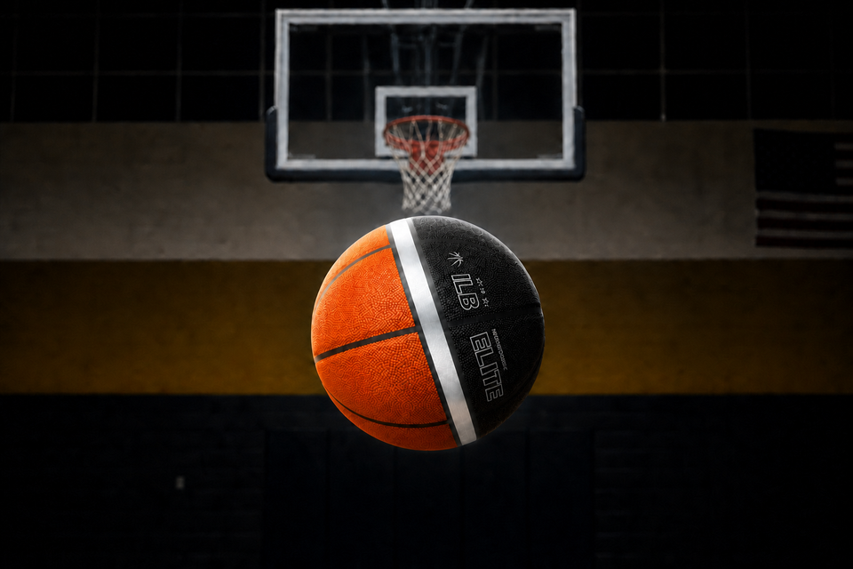 Airborne ILB basketball with the marker line, branding, color split, and panel channels tilted left together