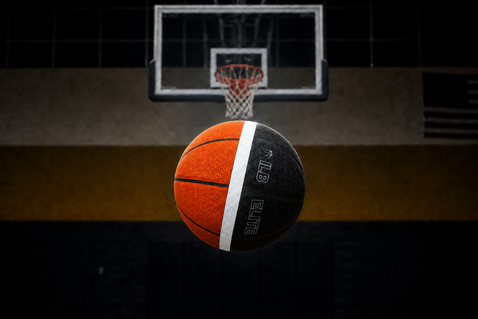 Airborne ILB basketball with the marker line, branding, color split, and panel channels tilted right together